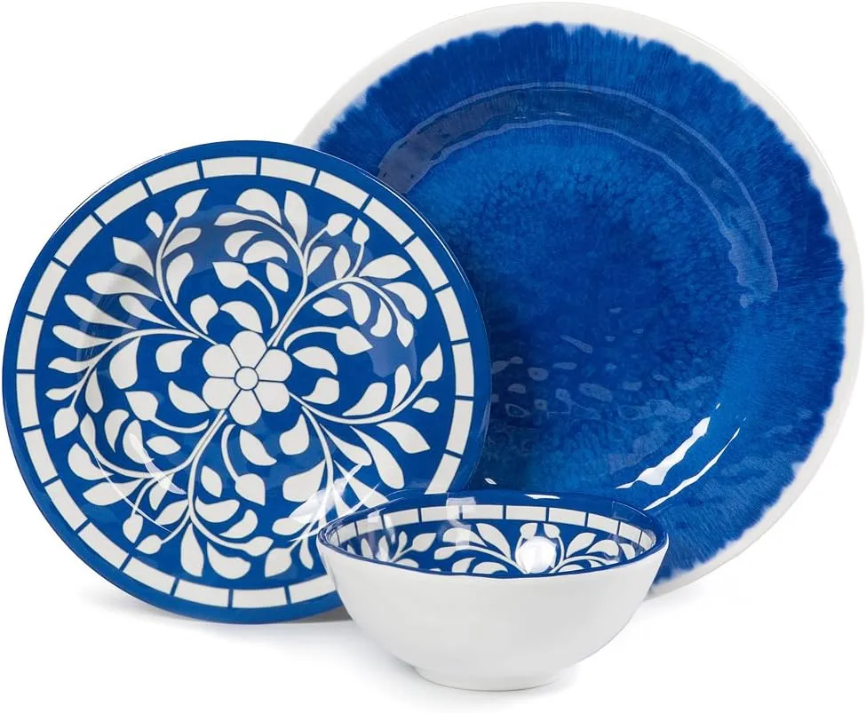 Melamine Dinnerware Set - 12 Pcs Dinner Dishes Set for 4, Plates and Bowls Set for Indoor & Outdoor Use- Dishwasher Safe, Unbreakable, Blue
