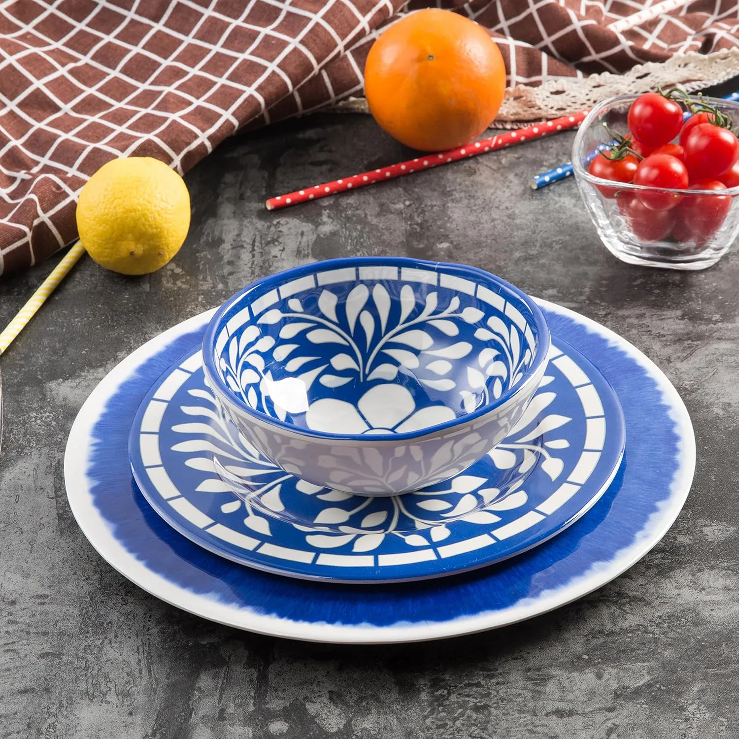 Melamine Dinnerware Set - 12 Pcs Dinner Dishes Set for 4, Plates and Bowls Set for Indoor & Outdoor Use- Dishwasher Safe, Unbreakable, Blue
