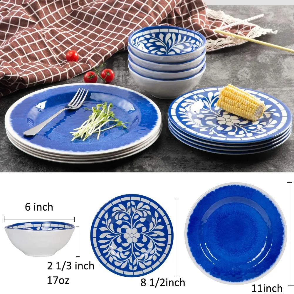 Melamine Dinnerware Set - 12 Pcs Dinner Dishes Set for 4, Plates and Bowls Set for Indoor & Outdoor Use- Dishwasher Safe, Unbreakable, Blue