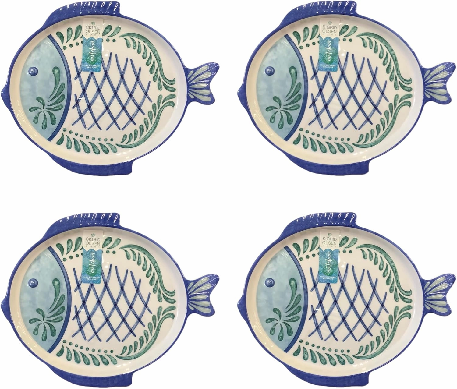 Melamine Fish Plates (Blue & Green Fish Shaped Plate, Dinner Plate, 4pk)