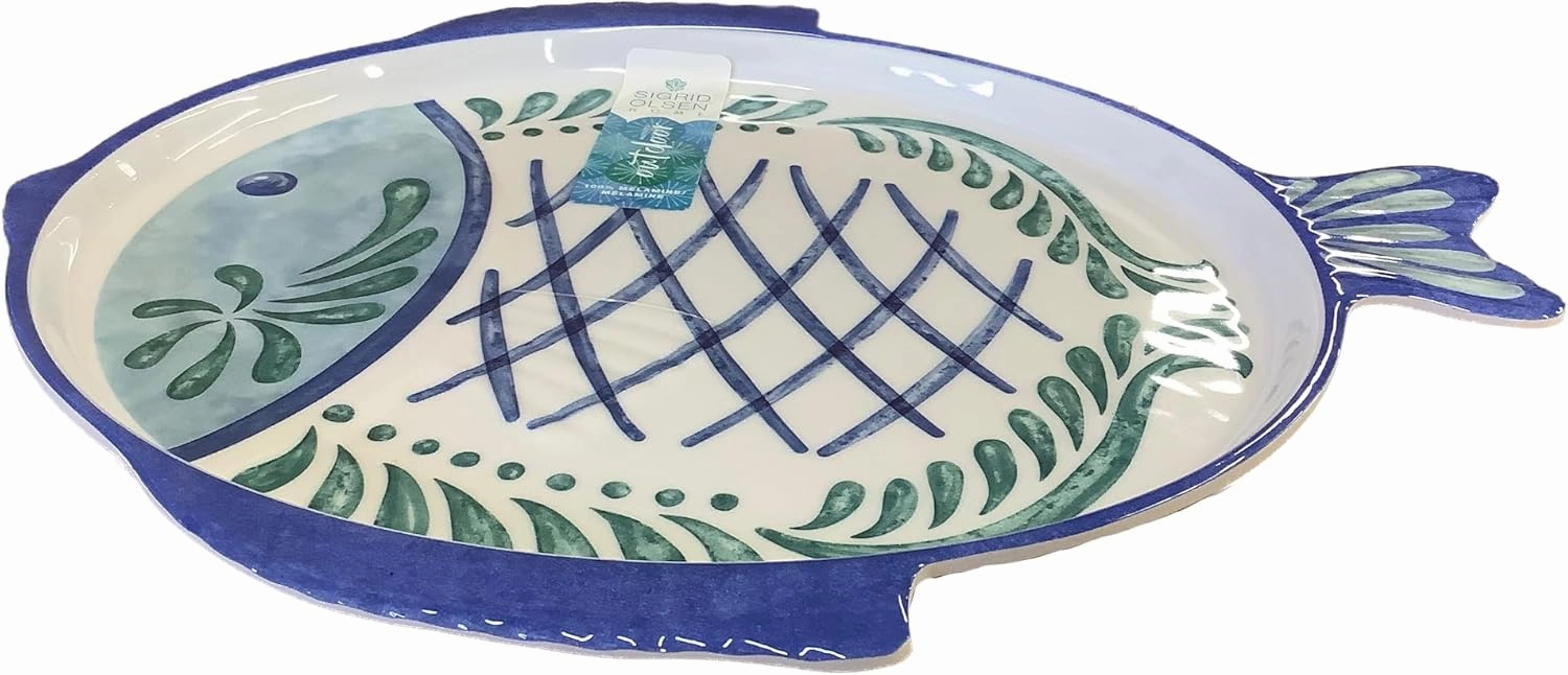 Melamine Fish Plates (Blue & Green Fish Shaped Plate, Dinner Plate, 4pk)