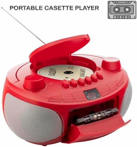 Memorex MX-BCCD50(R) AM/FM Top Loading CD and Cassette Player | Portable Stereo with Programmable Memory | Auto-Stop Cassette Deck | Auxiliary Input | Red LED Display (Red)