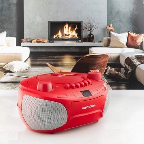 Memorex MX-BCCD50(R) AM/FM Top Loading CD and Cassette Player | Portable Stereo with Programmable Memory | Auto-Stop Cassette Deck | Auxiliary Input | Red LED Display (Red)