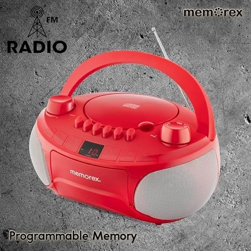 Memorex MX-BCCD50(R) AM/FM Top Loading CD and Cassette Player | Portable Stereo with Programmable Memory | Auto-Stop Cassette Deck | Auxiliary Input | Red LED Display (Red)