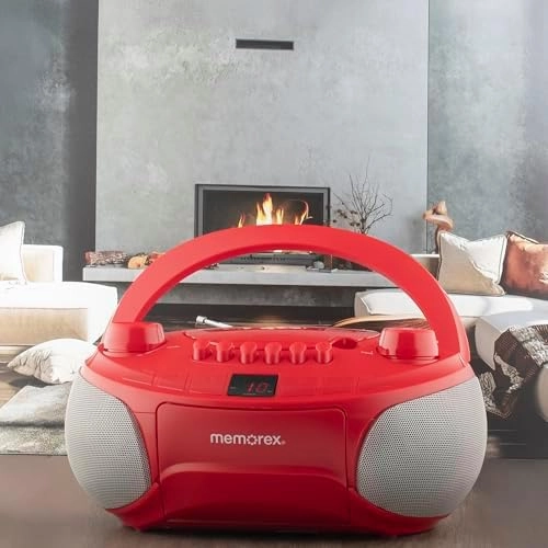 Memorex MX-BCCD50(R) AM/FM Top Loading CD and Cassette Player | Portable Stereo with Programmable Memory | Auto-Stop Cassette Deck | Auxiliary Input | Red LED Display (Red)