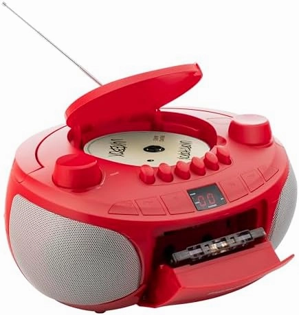 Memorex MX-BCCD50(R) AM/FM Top Loading CD and Cassette Player | Portable Stereo with Programmable Memory | Auto-Stop Cassette Deck | Auxiliary Input | Red LED Display (Red)