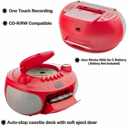 Memorex MX-BCCD50(R) AM/FM Top Loading CD and Cassette Player | Portable Stereo with Programmable Memory | Auto-Stop Cassette Deck | Auxiliary Input | Red LED Display (Red)