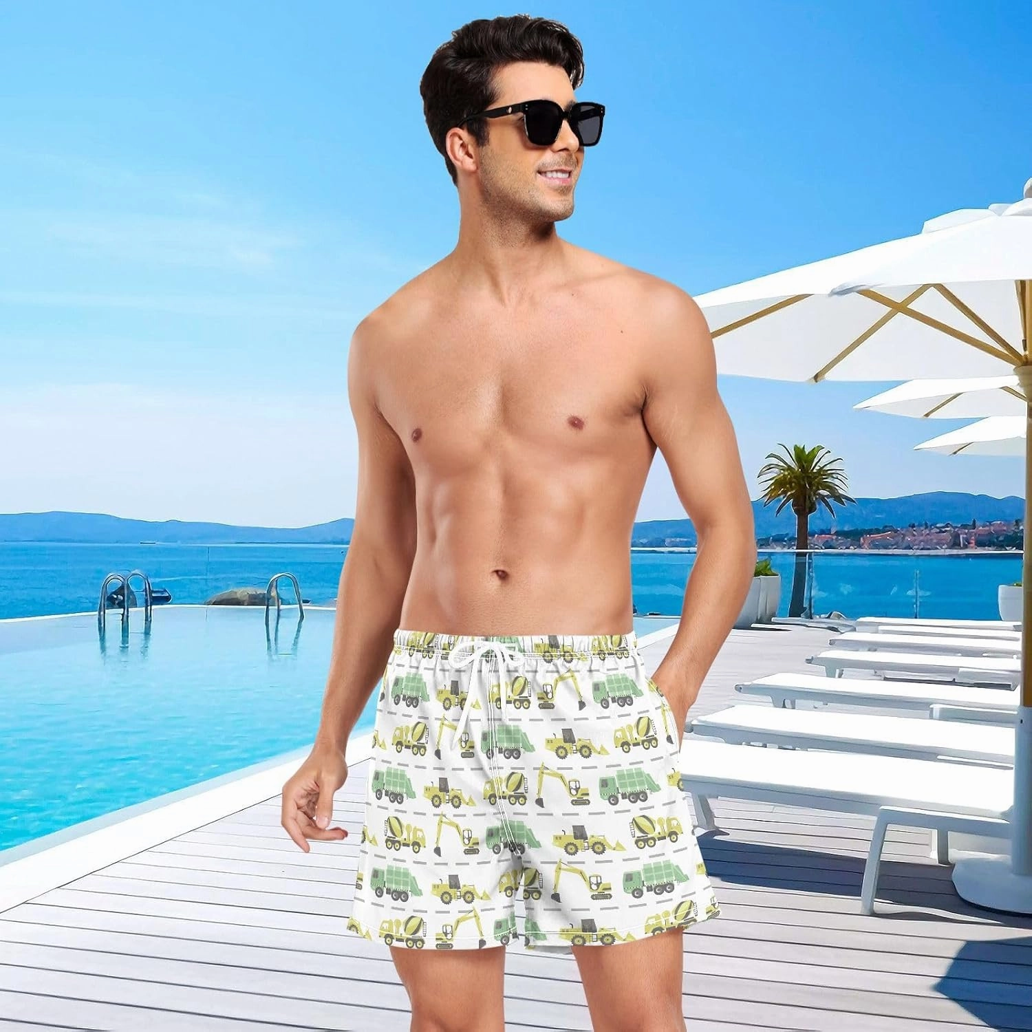 Men's Athletic Shorts Truck Yellow Green Transport Car 2 in 1 Quick Dry Workout Gym Running Shorts for Men S-XXL