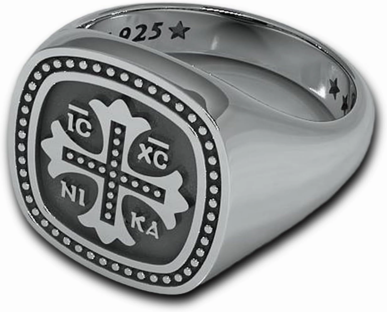 Men's Cross Ring, Byzantine Knight Style, Christian, Orthodox, Engraved Silver Jewelry with Optional Enamel Fill, Simple Smooth Design, Excellent Quality