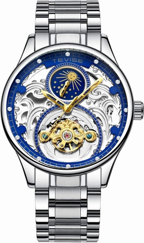 Men's Fully Automatic Mechanical Watch with Multifunctional Lunar Phase Display, Waterproof Leisure Steel Belt, Tourbillon Hollow Movement, Men's Business Mechanical Watch