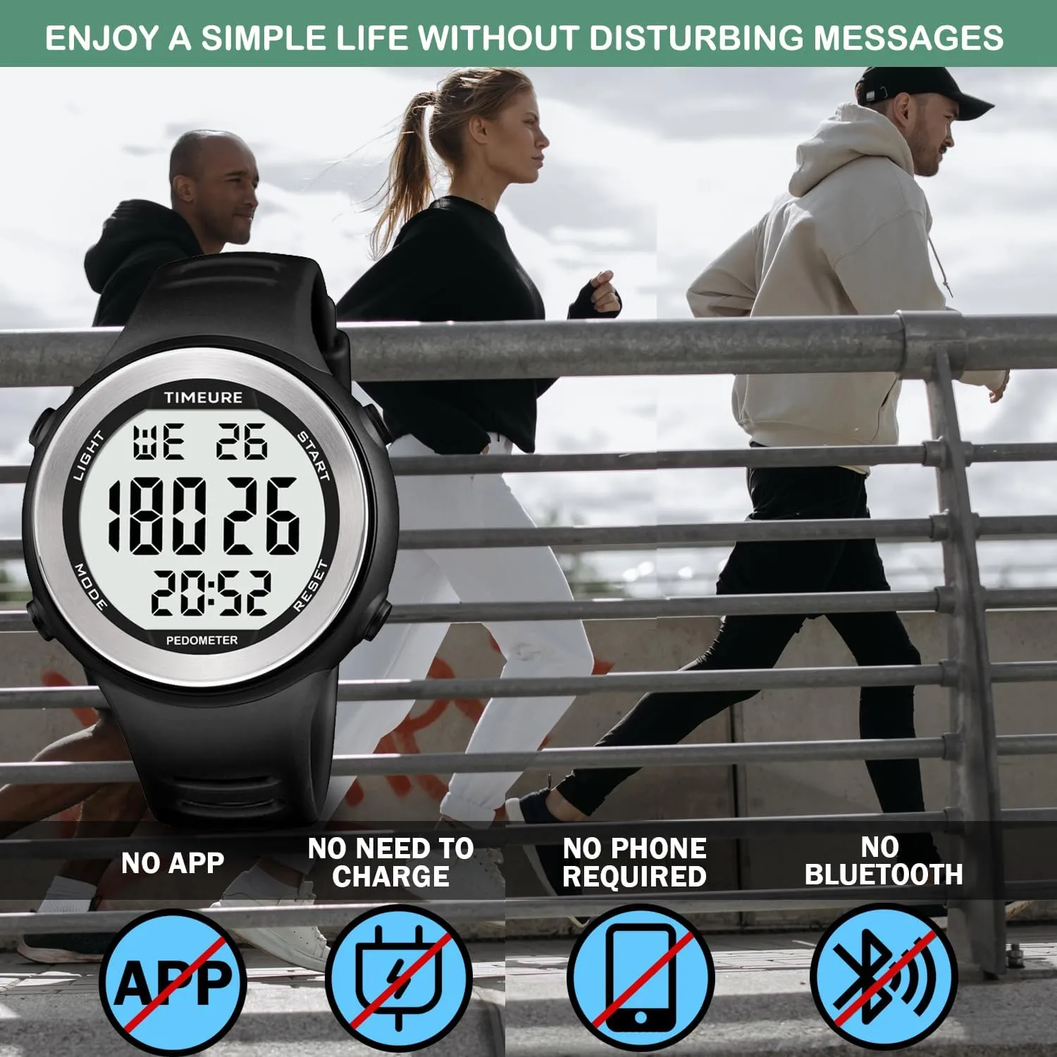 Mens Pedometer Watch for Walking Step Counter Watch No Charging, No App Connection, with EL Backlight. Simple, Practical Choice for Mobile-Free Fitness Enthusiasts TIMEURE-2308
