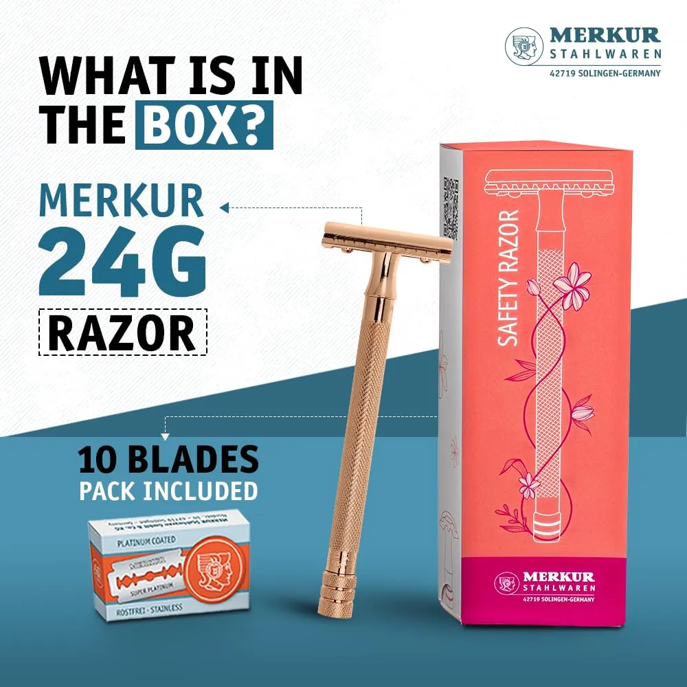 MERKUR 24G Safety Razor For Women with 10 Double Edge Blades | Extra Long Handle | Three-piece Razor | Straight Cut | Rose Gold Finish | Made in Germany