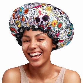 mikimini Shower Cap for Women Reusable Waterproof, Extra Large Hair Cap for Shower with Double Layers, Stylish Vibrant Designed Shower Bonnet for Long Thick Hair, 2 Pieces
