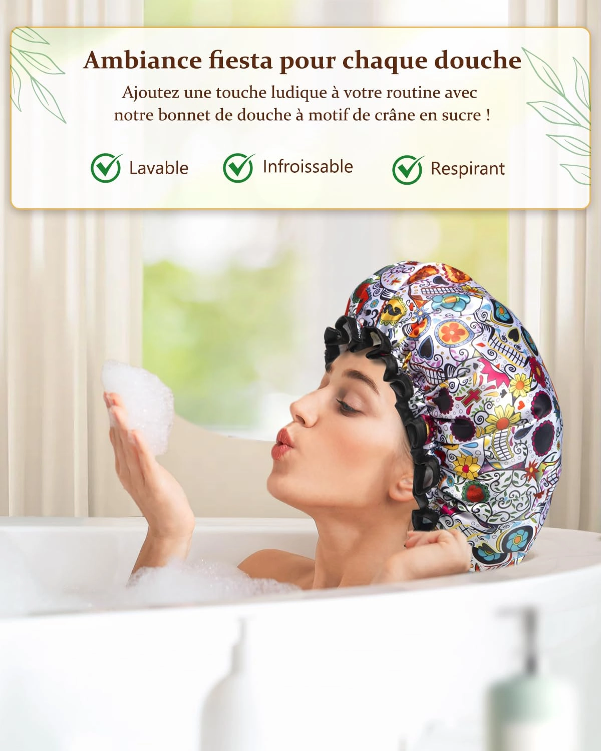 mikimini Shower Cap for Women Reusable Waterproof, Extra Large Hair Cap for Shower with Double Layers, Stylish Vibrant Designed Shower Bonnet for Long Thick Hair, 2 Pieces