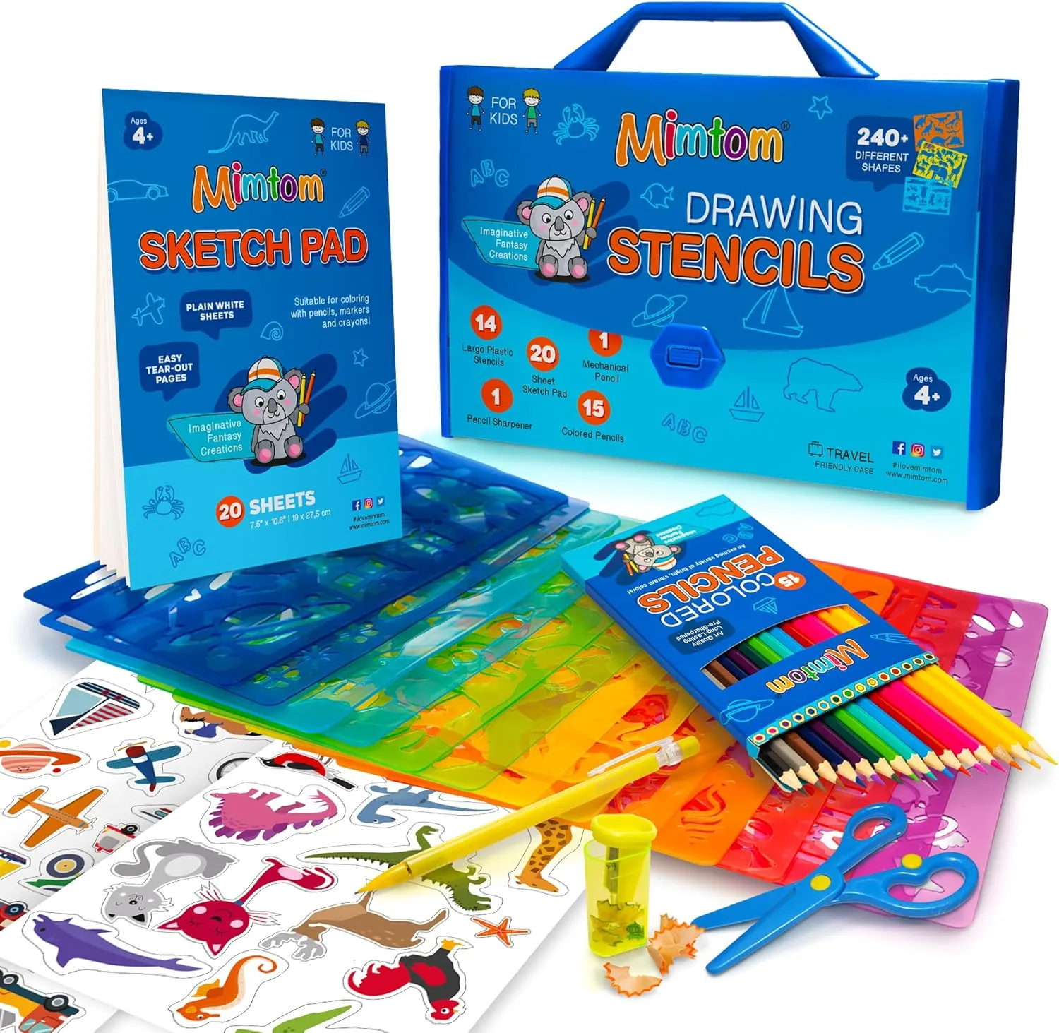Mimtom Drawing Stencil Kit for Kids, 51 PC Art Set with 240  Shapes, Sketch Pad, and Colored Pencils for Children's DIY Arts and Crafts, Draw with Animal, Letter and Car Stencils, Blue