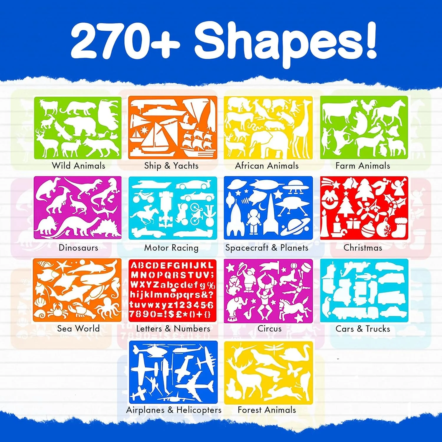 Mimtom Drawing Stencil Kit for Kids, 51 PC Art Set with 240  Shapes, Sketch Pad, and Colored Pencils for Children's DIY Arts and Crafts, Draw with Animal, Letter and Car Stencils, Blue