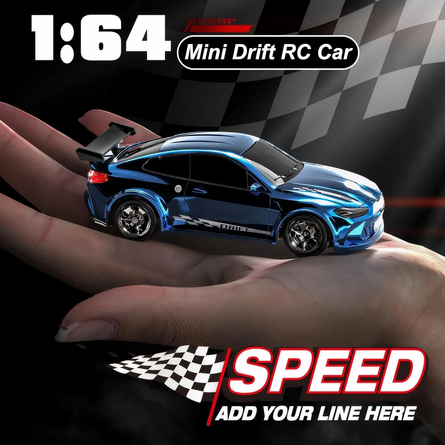 Mini RC Drift Car with Lights, 1:64 4WD 2.4GHz Remote Control Car for Kids Adults (Blue)