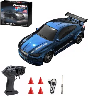 Mini RC Drift Car with Lights, 1:64 4WD 2.4GHz Remote Control Car for Kids Adults (Blue)