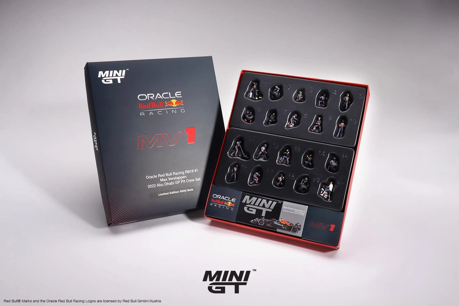 Mini GT Oracle Red Bull Racing RB18 #1 Max V. 2022 Abu Dhabi GP Pit Crew Set