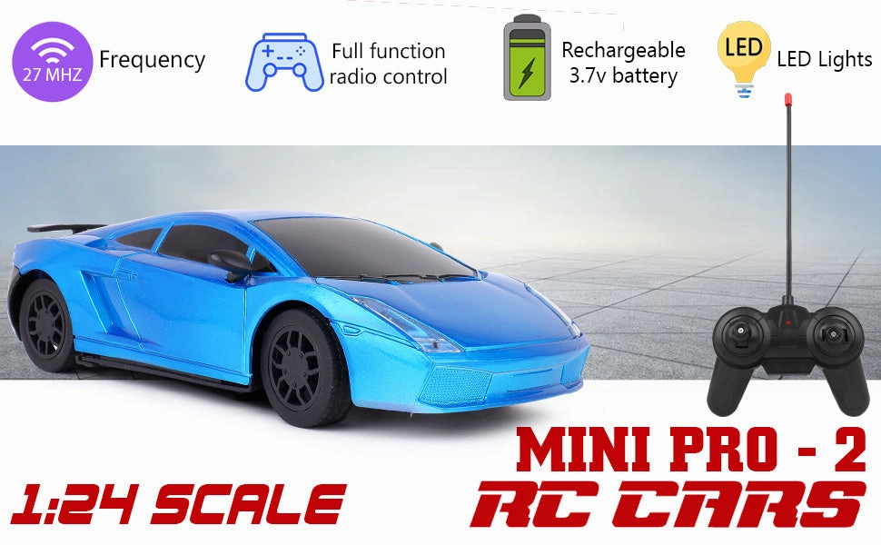 Mini Pro RC Car - Blue | 27 MHz Fully Functionable | 1:24 Scale | Battery & Charger Cable | Range upto 25m | Luminous Headlight | Perfect Tyre Grip | For Age 4  Years