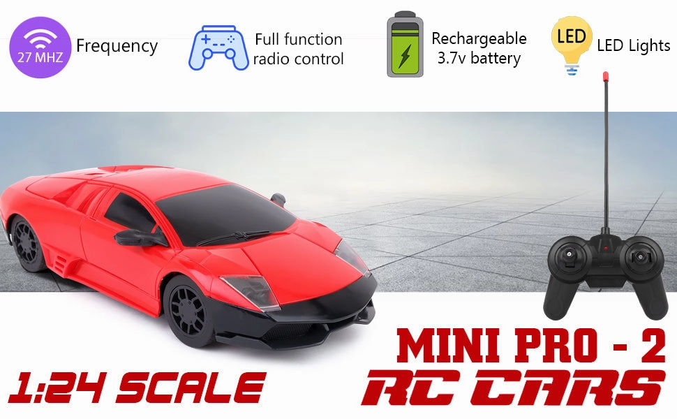 Mini Pro RC Car - Red | 27 Mhz Fully Functionable | 1:24 Scale | Battery & Charger Cable | Range upto 25m | Luminous Headlight | Perfect Tyre Grip | For Age 4  Years
