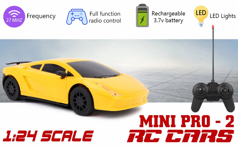 Mini Pro RC Car - Yellow | 27 MHz Fully Functionable | 1:24 Scale | Battery & Charger Cable | Range upto 25m | Luminous Headlight | Perfect Tyre Grip | For Age 4  Years