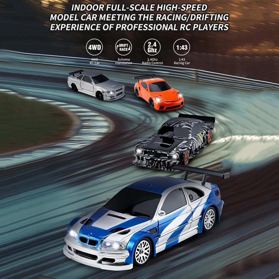 Mini RC Drift Car Indoor/Outdoor, 1/43 Scale 4WD 2.4G High Speed 15KM/H RTR Remote Control Sports Racing Car with LED Lights & Drift Tires, Toys Hobby Gifts for Adults and Kids