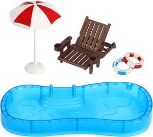 Miniature Swimming Pool, 5-Pack Mini Dollhouse Pool Set with Swim Ring and Beach Chair, Portable Plastic Furniture Model for Kids Play and Summer Fun