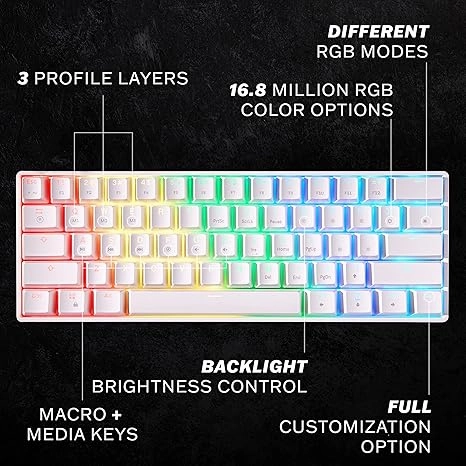 Mizar MZ60 Luna Mechanical Gaming Keyboard | 60% Keyboard 62 Key ANSI US Layout | RGB LED Backlit | Anti Ghosting NKRO | Progammable Macro Keys | Hotswap Gateron Optical Yellow Switches | Black