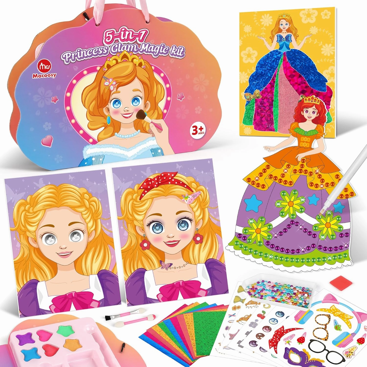 Mocoosy 5 In 1 Princess Dress Up & Makeup Coloring Book, Paper Doll Activity Kit for Kids Ages 4-8 Art Craft Supplies, Travel Game Airplane Car Road Trip Toys Birthday Gift Ideas for Girls 6 7 8 Years