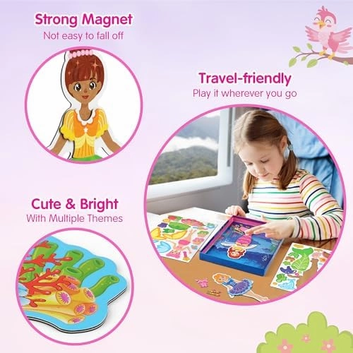 Mocoosy Magnetic Dress Up Dolls for Girls, Princess Mermaid Fairy Ballerina Magnet Dolls Dress Up Kits, Travel Game Car Road Trip Airplane Activity Toys Easter Gifts for Toddler Girls Ages 3 4 5 6 7