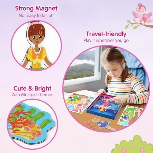 Mocoosy Magnetic Dress Up Dolls for Girls, Princess Mermaid Fairy Ballerina Magnet Dolls Dress Up Kits, Travel Game Car Road Trip Airplane Activity Toys Easter Gifts for Toddler Girls Ages 3 4 5 6 7