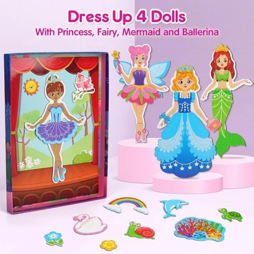 Mocoosy Magnetic Dress Up Dolls for Girls, Princess Mermaid Fairy Ballerina Magnet Dolls Dress Up Kits, Travel Game Car Road Trip Airplane Activity Toys Easter Gifts for Toddler Girls Ages 3 4 5 6 7