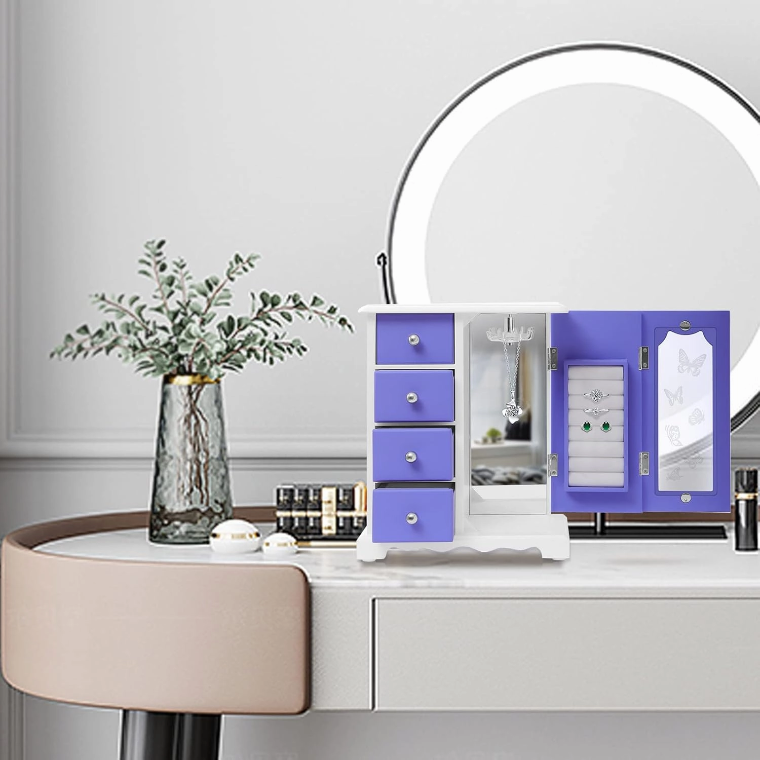 Modern Jewelry Box/Cabinet, Jewelry Box with 4 Pullout Drawers, Built-in Necklace Carousel and Large Mirror, for Women Girls Ring Necklace (Style 1)