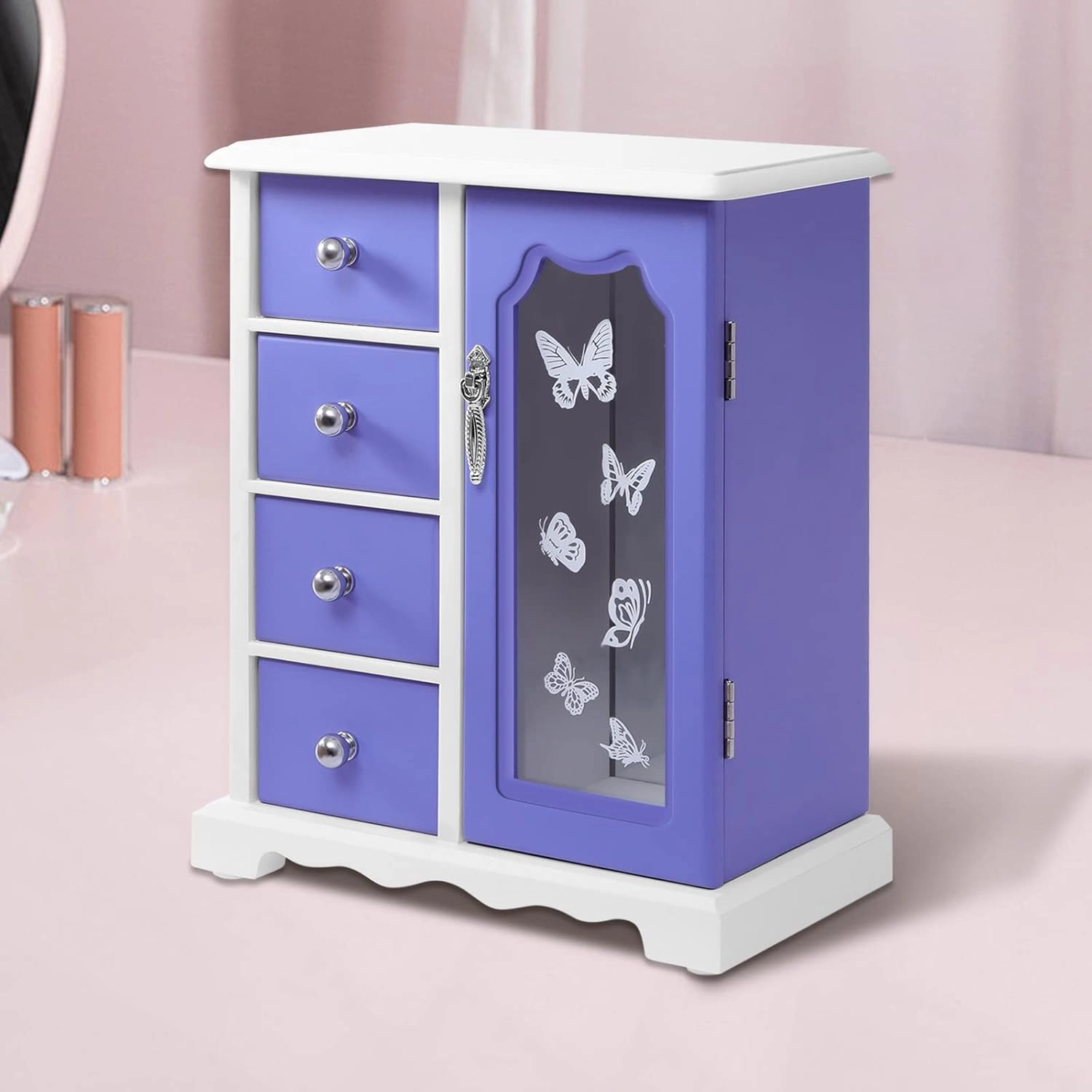 Modern Jewelry Box/Cabinet, Jewelry Box with 4 Pullout Drawers, Built-in Necklace Carousel and Large Mirror, for Women Girls Ring Necklace (Style 1)