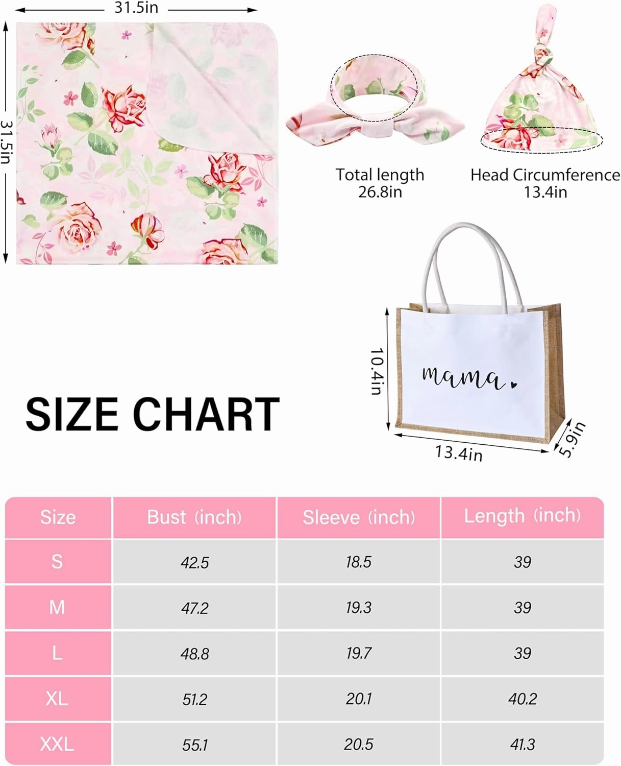 MORFORU Maternity Robe and Baby Swaddle Blanket Set, Mommy Delivery Robe Baby Blanket Hairband Hat Hairtie Hospital Bag