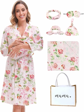 MORFORU Maternity Robe and Baby Swaddle Blanket Set, Mommy Delivery Robe Baby Blanket Hairband Hat Hairtie Hospital Bag