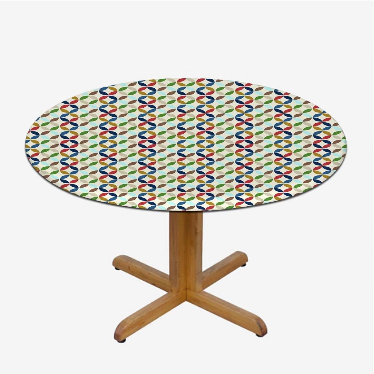 Multicolor Tablecloth Pads for Round Tables Circle Dimensional Ring Forms Fitted Round Tablecloth with Elastic Edge Spill Oil-Proof Waterproof Fit for 40"-43" Diameter Table Geometric