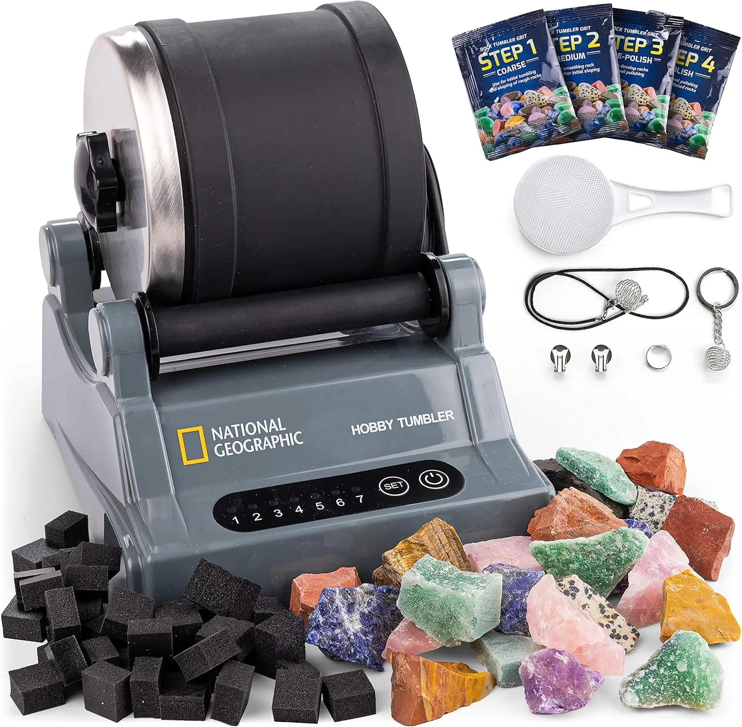 NATIONAL GEOGRAPHIC Hobby Rock Tumbler Kit – Durable Leak-Proof Rock Polisher with 7-Day Timer – Complete Rock Tumbling Kit – Geology Hobby for Kids, Educational STEM Science Kit, Rock Collection