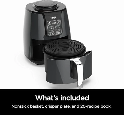 Ninja Air Fryer, 1550-Watt Programmable Base for Air Frying, Roasting, Reheating & Dehydrating with 4-Quart Ceramic Coated Basket (AF101), Black/Gray (Renewed)