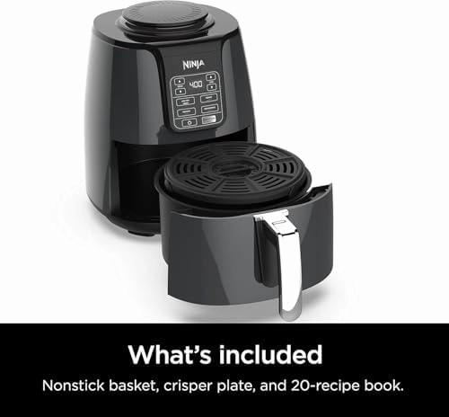 Ninja Air Fryer, 1550-Watt Programmable Base for Air Frying, Roasting, Reheating & Dehydrating with 4-Quart Ceramic Coated Basket (AF101), Black/Gray (Renewed)