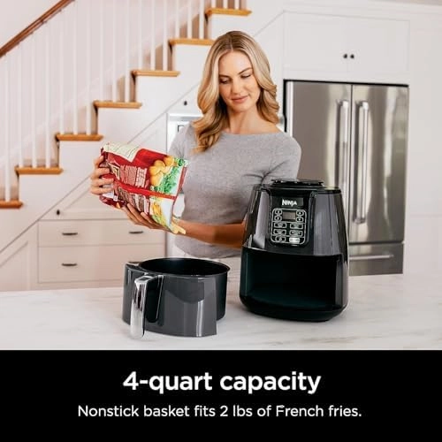 Ninja Air Fryer, 1550-Watt Programmable Base for Air Frying, Roasting, Reheating & Dehydrating with 4-Quart Ceramic Coated Basket (AF101), Black/Gray (Renewed)