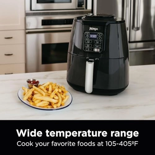 Ninja Air Fryer, 1550-Watt Programmable Base for Air Frying, Roasting, Reheating & Dehydrating with 4-Quart Ceramic Coated Basket (AF101), Black/Gray (Renewed)