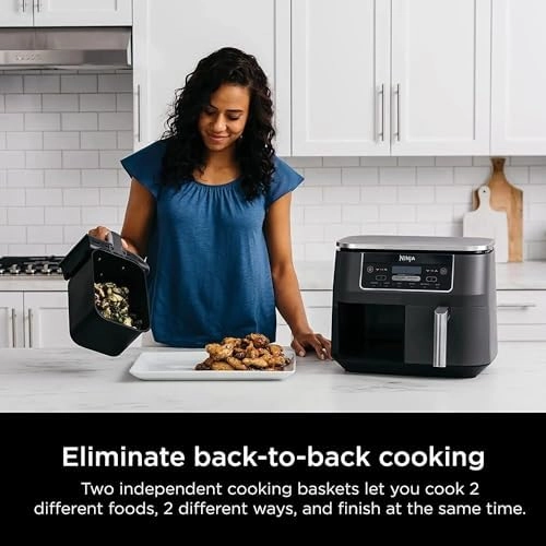 Ninja DZ201 Foodi 8 Quart 6-in-1 DualZone 2-Basket Air Fryer with 2 Independent Frying Baskets, Match Cook & Smart Finish to Roast, Broil, Dehydrate & More for Quick, Easy Meals, Grey (Renewed)