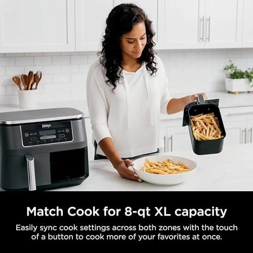 Ninja DZ201 Foodi 8 Quart 6-in-1 DualZone 2-Basket Air Fryer with 2 Independent Frying Baskets, Match Cook & Smart Finish to Roast, Broil, Dehydrate & More for Quick, Easy Meals, Grey (Renewed)