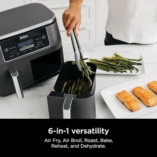 Ninja DZ201 Foodi 8 Quart 6-in-1 DualZone 2-Basket Air Fryer with 2 Independent Frying Baskets, Match Cook & Smart Finish to Roast, Broil, Dehydrate & More for Quick, Easy Meals, Grey (Renewed)