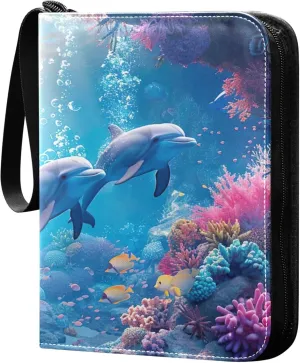 Ocean Dolphins Card Binder 4 Pocket Collectible Trading Card Albums with 50 Sleeves Double Side PU Waterproof 3 Ring for Sports & Game Cards