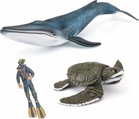 Ocean Sea Marine Animal Figure Toys Playsets 3 PCS Diver Blue Whale Sea Turtle Model Toy Desktop Decoration Collection Party Favors Toys for Boys Girls Kids