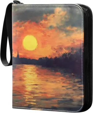Oil Painting Sunset River Card Binder 4 Pocket Trading Card Album Fits 400 Sports/Game Cards, PU Cover 3 Ring Card Collection with 50 Removable Sleeves