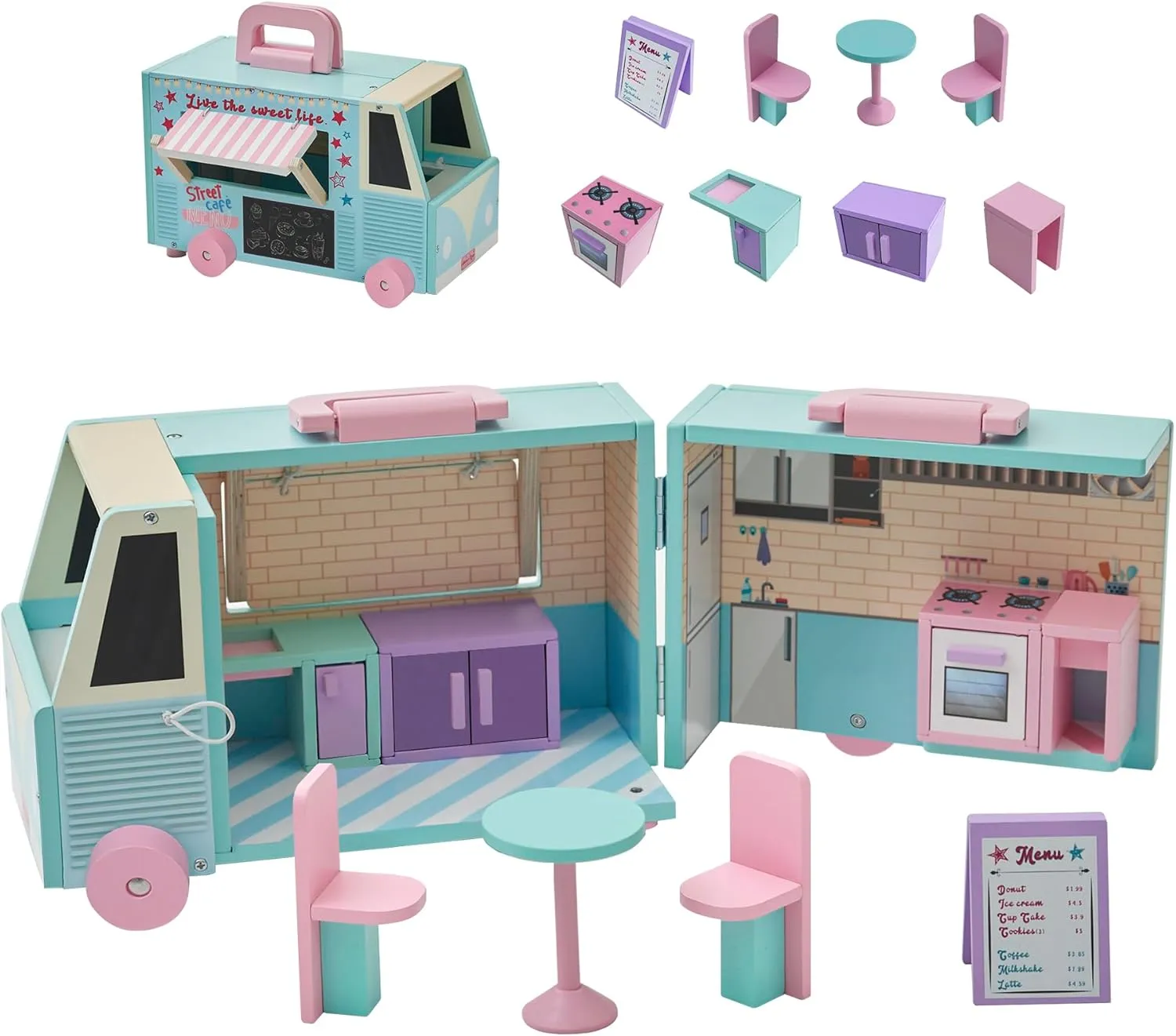 Olivia's Little World Wooden Food Truck Dollhouse   Accessories for 3.5" Dolls, Multi